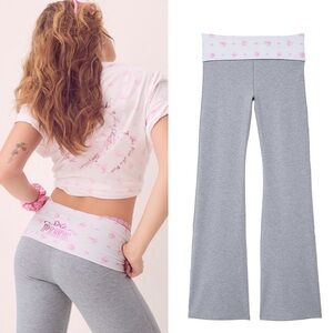 🎀PINK x LoveShackFancy All-Day Cotton Foldover Flare Leggings Grey Foil Logo XL